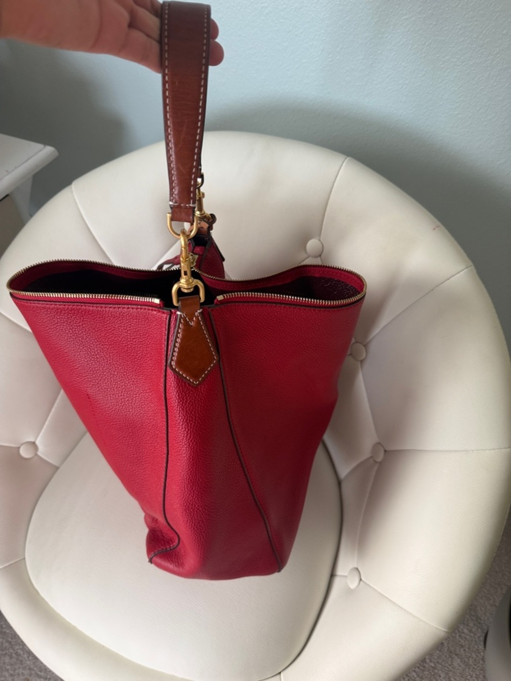 Tory Burch Perry Slouchy Hobo Bag Color Red Apple Pebbled Leather Women's - Picture 12 of 13